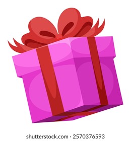 Pink gift box with red bow. Vector illustration of cartoon flat cute color present isolated on white background. Christmas or birthday present, anniversary or Valentine`s day gift box.