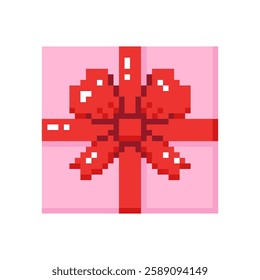 Pink gift box with red bow in pixel style. Hand drawn vector illustration.
