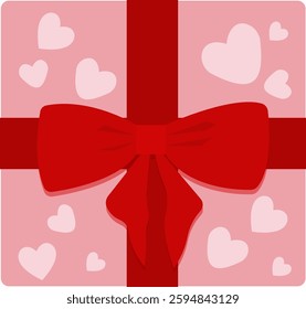 Pink gift box with red bow and hearts. Flat vector in cartoon style isolated on transparent background. Template design for surprise, celebration event, presents, birthday. Vector illustration