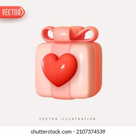 Pink gift box with red heart. Vector illustration