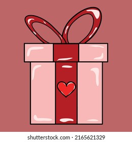 Pink gift box with red ribbon and heart