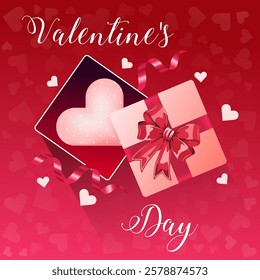 A pink gift box with a red ribbon surrounded by red and white hearts captures the essence of Valentine's Day with love affection and festive celebration