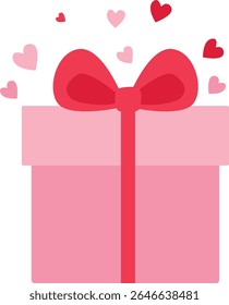 Pink gift box with red ribbon and hearts floating above, symbolizing love, romance, and surprises for Valentine’s Day or special moments.