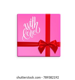 Pink gift box with red ribbon and bow. Vector illustration with isolated design elements. Letterig with love