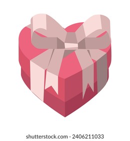 Pink gift box with a ribbon bow in the shape of a heart. An illustration of three-dimensional isometric gifts. A Valentine's Day gift isolated on a white background. Delicate shades, geometric shapes