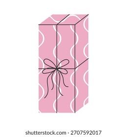 Pink gift box with ribbon bow and soft pattern. Elegant wrapped present for holidays, birthdays, greeting cards, packaging and festive projects.
