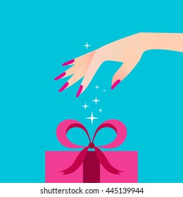 Pink gift box with ribbon and bow. Elegant women's hand. Celebration concept. Vector illustration style.