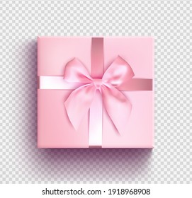 Pink Gift Box With Ribbon Isolated Object. Realistic 3d Vector Illustration. Christmas Gift Box. Top View.