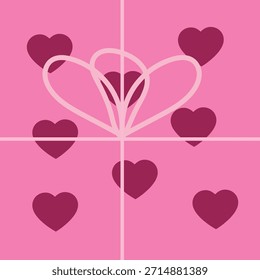 Vista superior de la caja de regalo rosa con cinta y corazones oscuros sobre fondo rosa que simbolizan el amor y la celebración