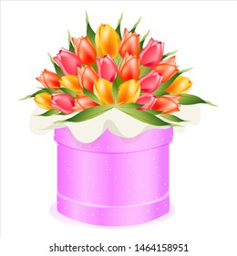 Pink gift box with tulips. Vector art