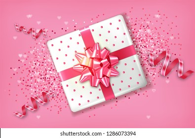 Pink Gift box Vector realistic. Confeti and garland sparkle. Product placement mock up. Design packaging 3d illustration. Birthday, Wedding, Anniversary decor template banners