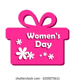 Pink gift box with white flowers for International Women's Day. Vector illustration