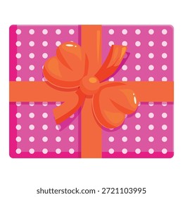 Caja de regalo rosa envuelta con una cinta naranja y lazo, decorada con lunares blancos, perfecto para celebraciones y ocasiones especiales