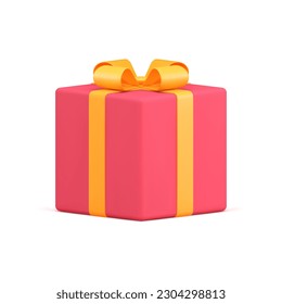 Pink gift box with yellow bow and ribbon squared wrapped surprise container 3d object realistic vector illustration. Prize festive holiday congratulations anniversary celebration premium pack design