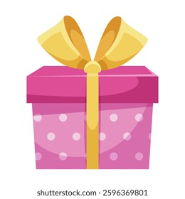 Pink gift box with yellow ribbon and bow. Vector illustration