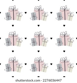 Pink gift boxes with black hearts. Festival seamless pattern with doodles. 