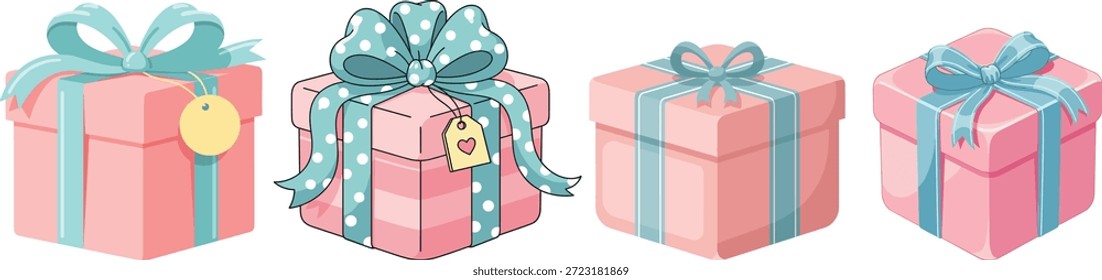 Rosa Geschenkboxen mit blauen Bändern. Geschenkkollektion für Feiertage.