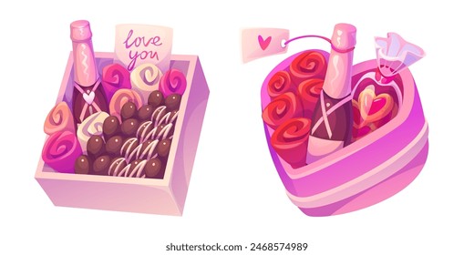 Pinkfarbene Geschenkboxen mit Schokoladenbonbons, Keksen, Champagner- oder Weinflaschen und Rosenblumen zum Valentinstag Glückwunsch. Cartoon-Vektorgrafik-Set aus romantischem herzförmigem Geschenk mit süßen Desserts