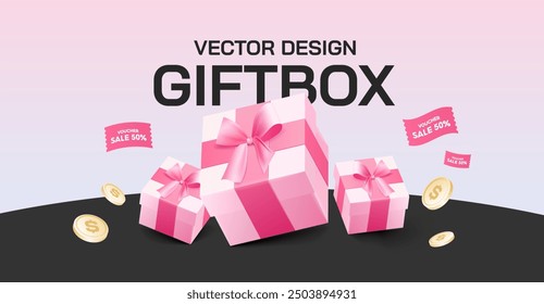 Pink gift boxes with coupons and coins flying around