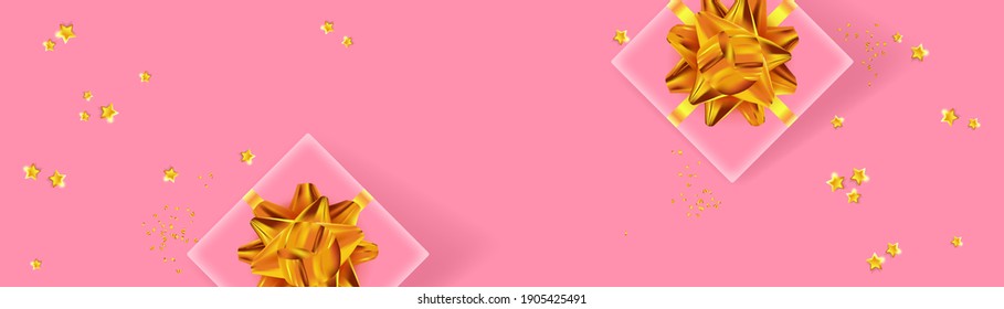 Cajas de regalo rosas con arco dorado y cinta adhesiva. Diseño festivo para el día de San Valentín, boda, día de la madre