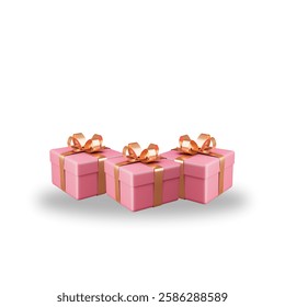 Pink Gift Boxes with Golden Ribbons Arranged on a White Background.