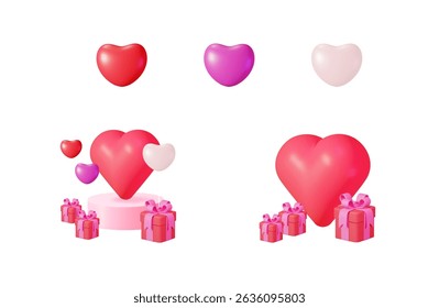 Pink gift boxes and hearts 3d set. Valentine's Day present and love symbol. Sweet surprise for romantic occasion. For holiday greeting card.