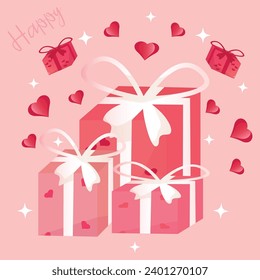 Pink gift boxes on pink background with paper red hearts and text.Happy