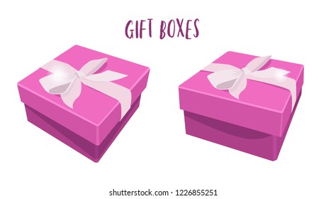Pink gift boxes with ribbon and bows in different angles. Vector template