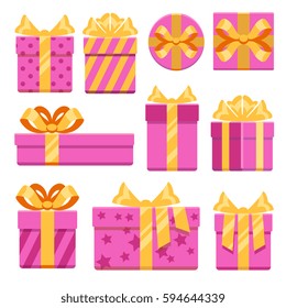 Pink gift boxes with ribbon bows vector icons set