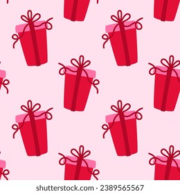 Pink gift boxes seamless pattern for paper, fabric, decoration. Christmas, New Year, Birthday, Valentine's Day, holiday pattern.