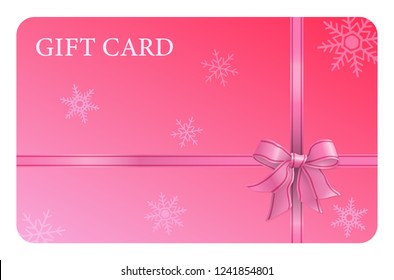 A pink gift card with a ribbon and a bow, and snow flakes. It can be used for presents, offers and rewards