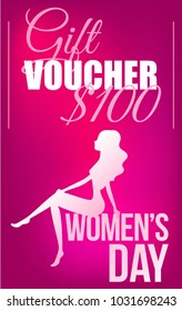Pink gift certificate with sit girl on Women's day on the pink background