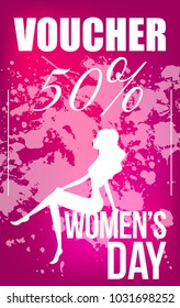 Pink gift certificate with sit girl on Women's day on the pink background with blot