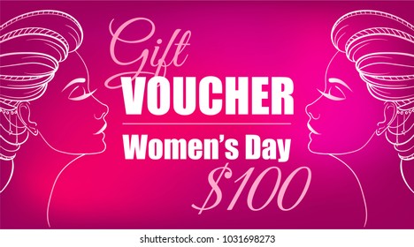 Pink gift certificate with two girls on Women's day