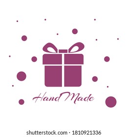 Pink gift on a white background with the inscription handmade. Present. For greeting cards, invitations, icons, logo. Vector