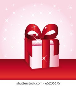 Pink gift with red bow. Present vector illustration.