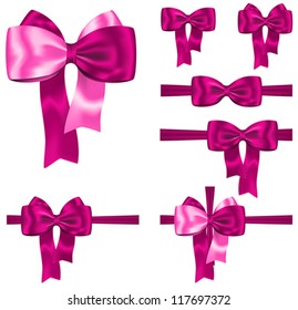 Pink gift ribbon and bow set for decorations on white background. Vector