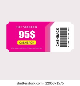 Pink gift voucher card 95$ cashback template design with coupon code promotion text vector illustration