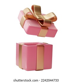 Rosa Geschenkbox öffnen 3D-Rendering. Schachtel mit glänzendem goldenem Band einzeln auf weißem Hintergrund. Feiertagsdekoration präsentiert sich. Realistisches Symbol für Geburtstags- oder Hochzeitsbanner