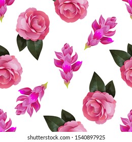 Pink Ginger. Pink Balsam. Vector illustration. Seamless background pattern. Floral botanical flower. Wild leaf wildflower isolated. Exotic tropical hawaiian jungle. Fabric wallpaper print texture.