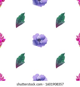 Pink Ginger. Green Dracaena. Violet Anemone. Vector illustration. Seamless background pattern. Floral botanical flower. Wild leaf wildflower isolated. Exotic tropical hawaiian jungle. Fabric.