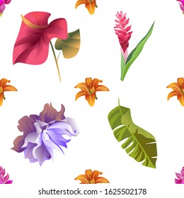 Pink Ginger. Orange Daylily. Red Calla. Red and Pink Ginger. Violet Clematis. Green Palm Leaf. Vector illustration. Seamless background pattern. Floral botanical flower. Wild leaf wildflower.