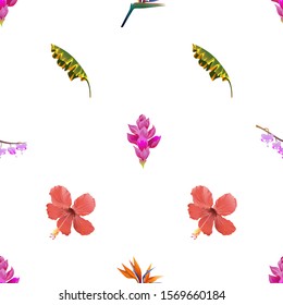 Pink Ginger. Orange Strelitzia Reginae. Purple Komakusa. Yellow Banana Leaf. Red Hibiscus. Vector illustration. Seamless background pattern. Floral botanical flower. Wild leaf wildflower isolated.