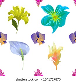 Pink Ginger. Purple Orchid. Yellow Lilium. Green Plumeria. Blue Anthurium Tailflower. Yellow Guzmania. Vector illustration. Seamless background pattern. Floral botanical flower. Wild leaf wildflower.