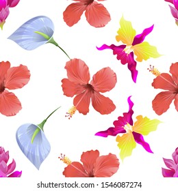 Pink Ginger. Red Hibiscus. Blue Anthurium Tailflower. Pink Orchid. Vector illustration. Seamless background pattern. Floral botanical flower. Wild leaf wildflower isolated. Exotic tropical hawaiian.