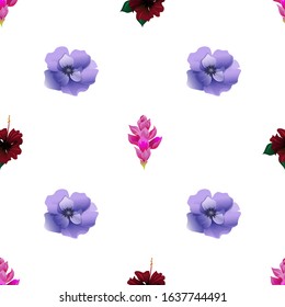 Pink Ginger. Violet Anemone. Red Rose Mallow. Vector illustration. Seamless background pattern. Floral botanical flower. Wild leaf wildflower isolated. Exotic tropical hawaiian jungle. Fabric.