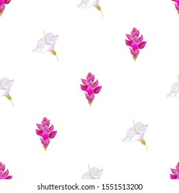 Pink Ginger. White Hibiscus. Vector illustration. Seamless background pattern. Floral botanical flower. Wild leaf wildflower isolated. Exotic tropical hawaiian jungle. Fabric wallpaper print texture.