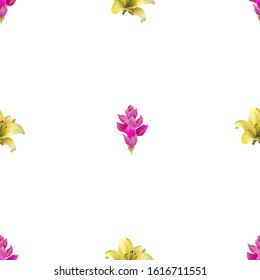 Pink Ginger. Yellow Lilium. Vector illustration. Seamless background pattern. Floral botanical flower. Wild leaf wildflower isolated. Exotic tropical hawaiian jungle. Fabric wallpaper print texture.