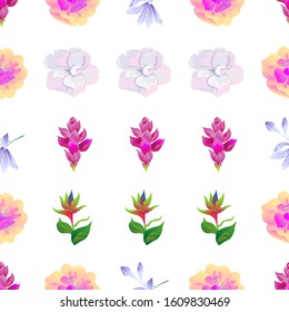 Pink Ginger. Yellow Magnolia. Violet Agapanthus Lily. White Camellia. Green bird of paradise. Vector illustration. Seamless background pattern. Floral botanical flower. Wild leaf wildflower.