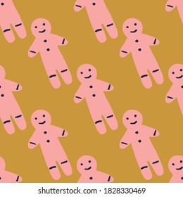 Pink Lebkuchen Mann Keks nahtlose doodle Muster. Köstliche, handgezeichnet schmackhafte Ornamente auf orangefarbenem Hintergrund. Entworfen für Tapete, Textilien, Wickelpapier, Stoffdruck. Vektorgrafik.